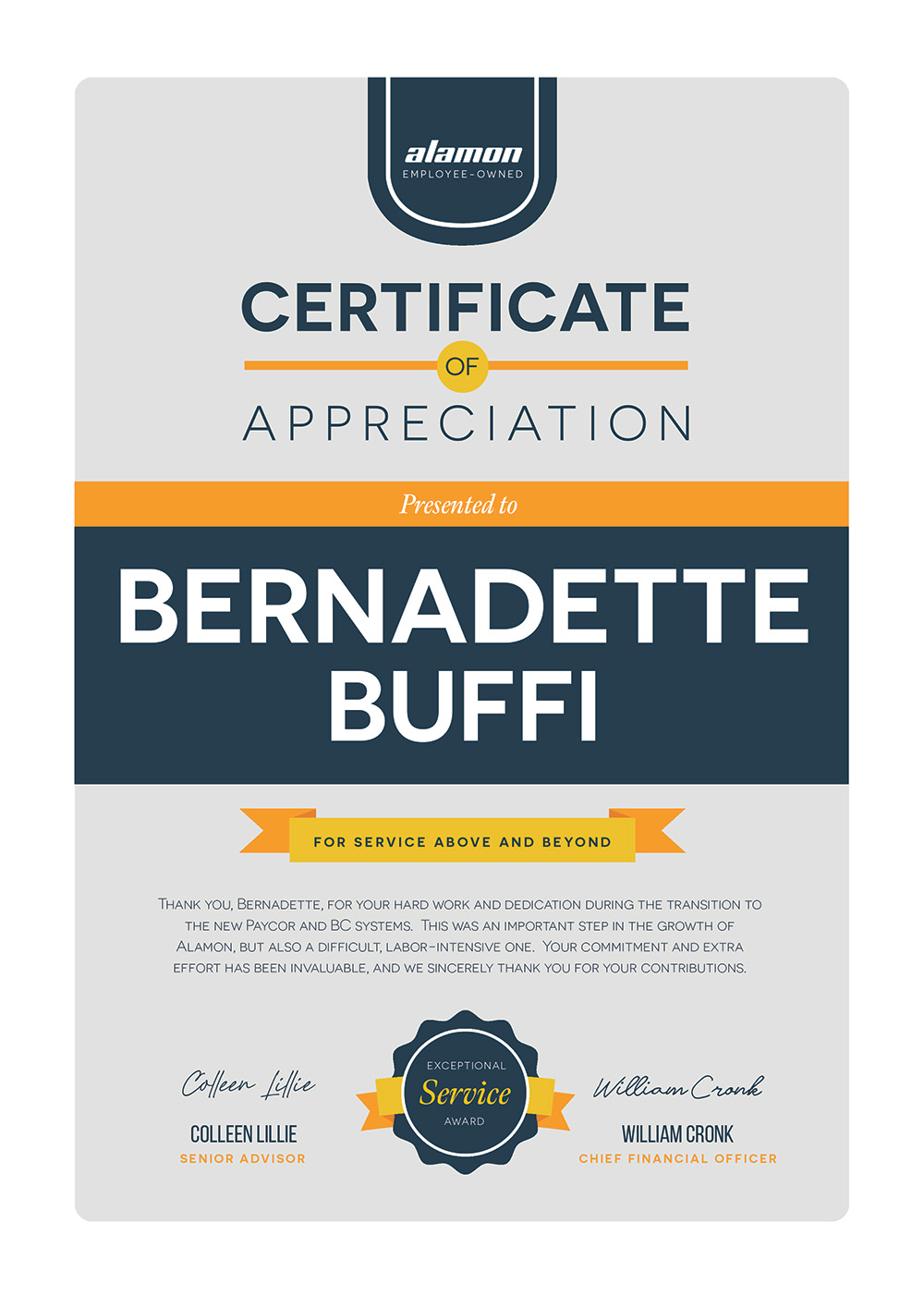 Certificate of Appreciation - Bernadette Buffi