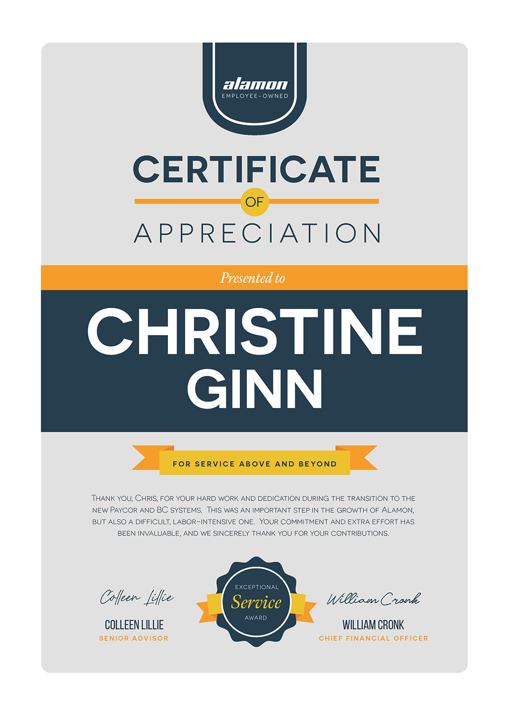 Certificate of Appreciation - Christine Ginn