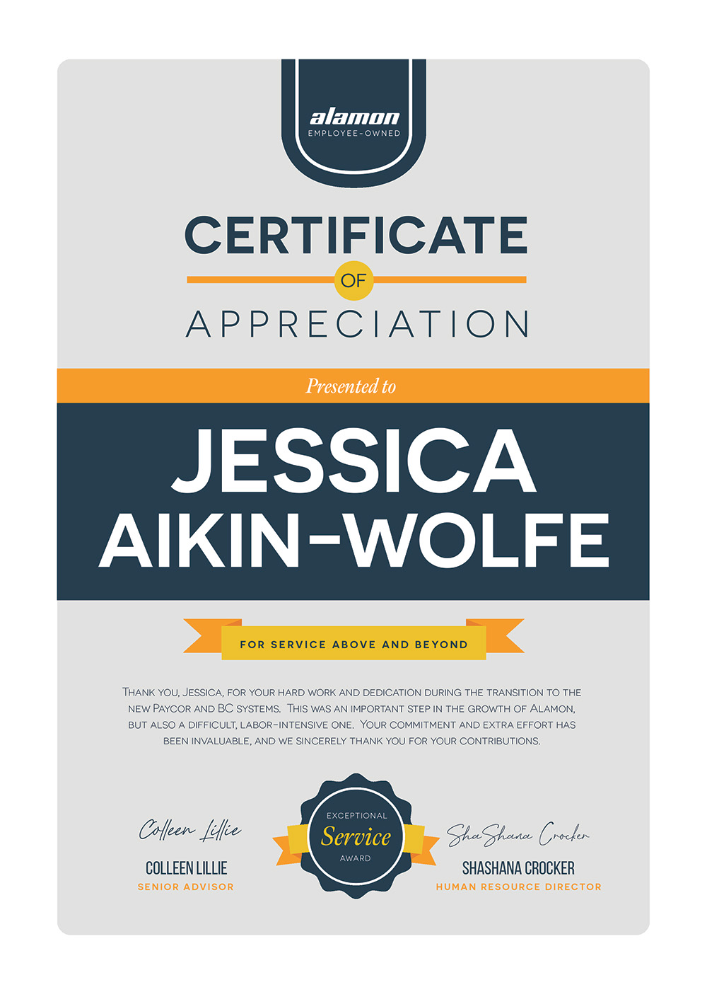 Certificate of Appreciation - Jessica Aikin-Wolfe