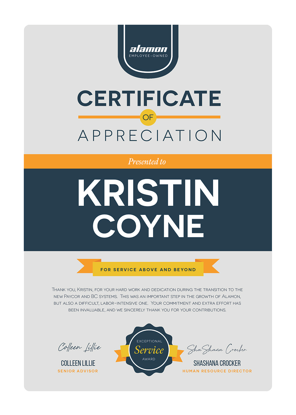 Certificate of Appreciation - Kristin Coyne