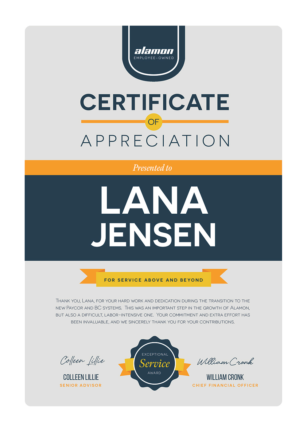 Certificate of Appreciation - Lana Jensen