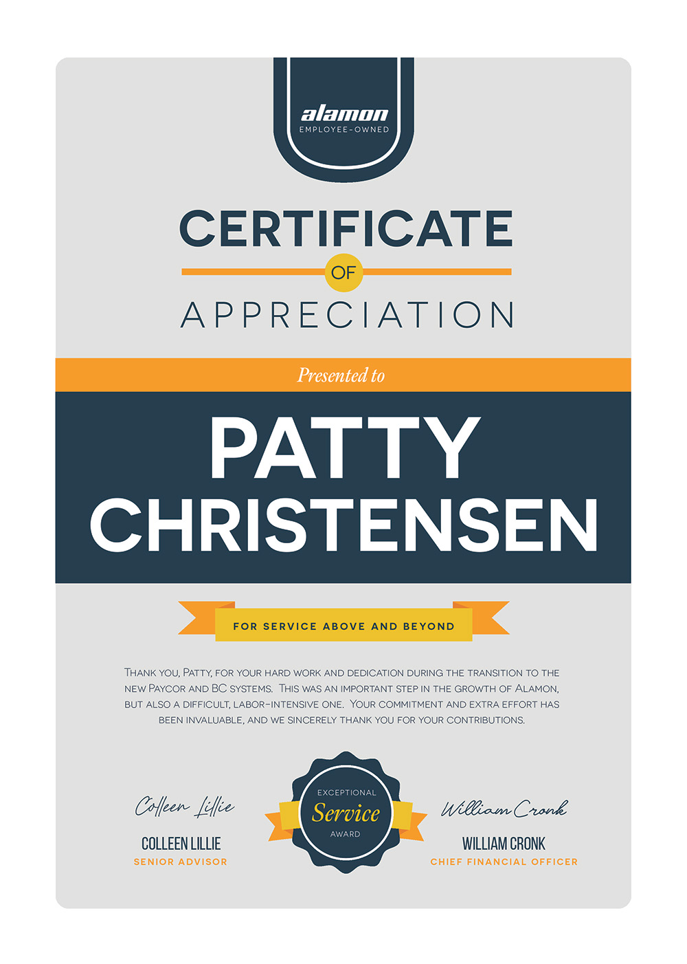 Certificate of Appreciation - Patty Christensen