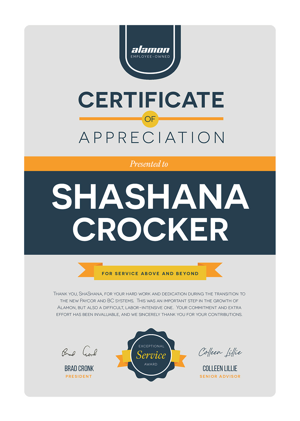 Certificate of Appreciation - ShaShana Crocker