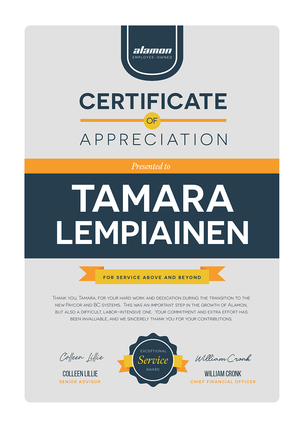 Certificate of Appreciation - Tamara Lempiainen