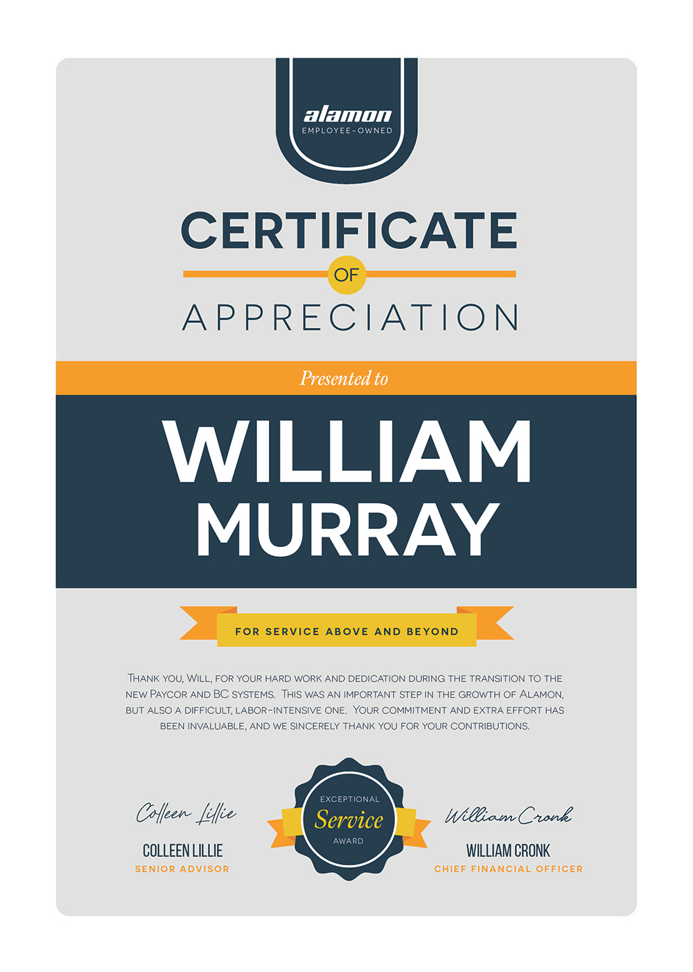 Certificate of Appreciation - William Murray