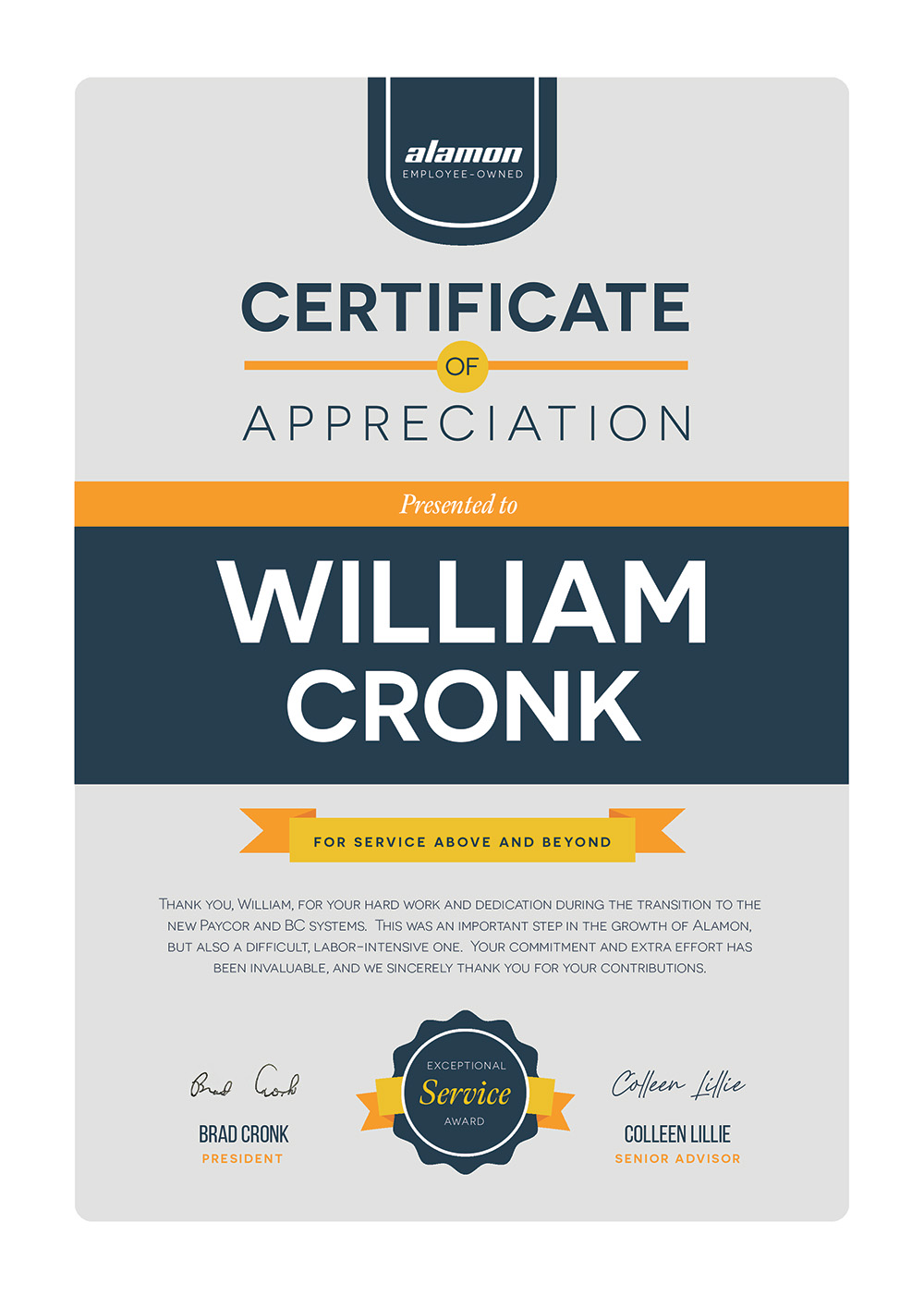 Certificate of Appreciation - William Cronk