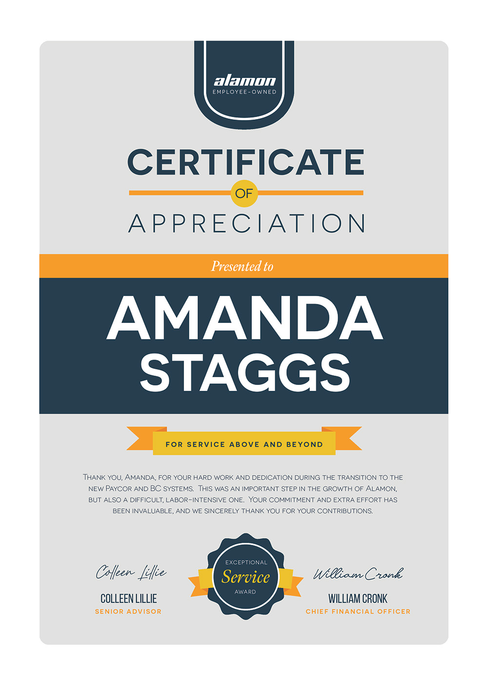 Certificate of Appreciation - Amanda Staggs